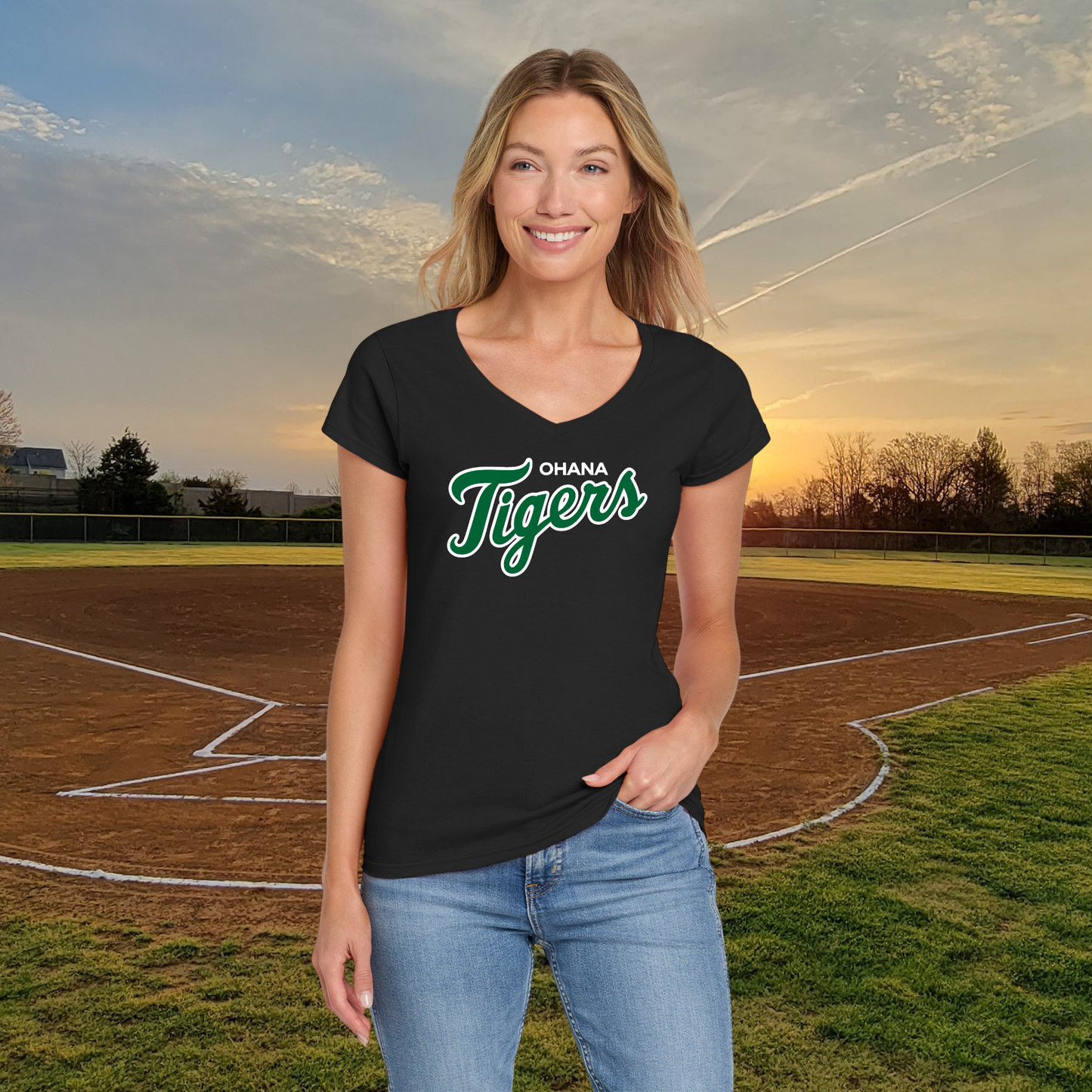 Ohana Tigers Script Sofstyle Ladies V-Neck Tee