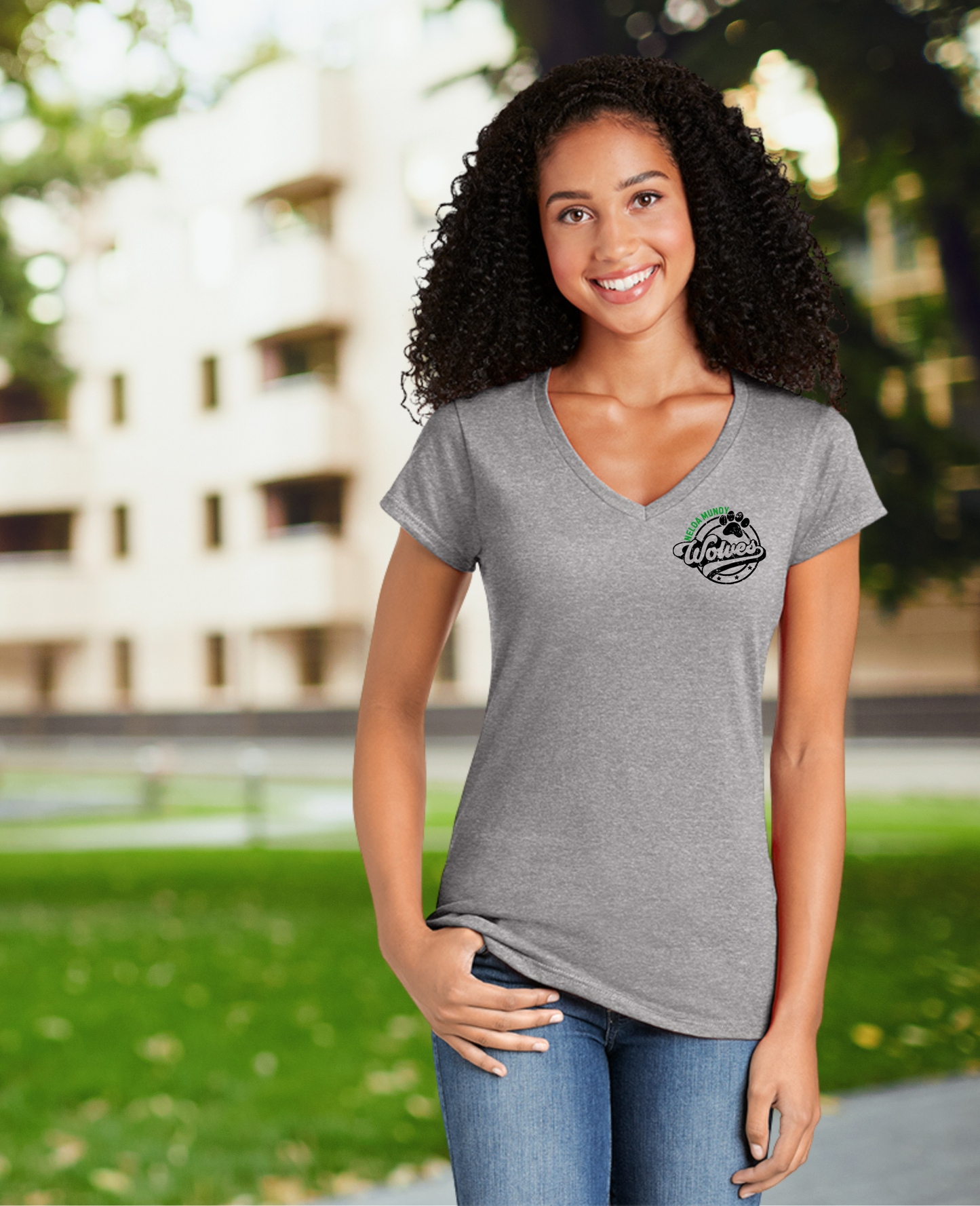 Nelda Mundy Ladies V-Neck Tee (Front Left Chest Print)