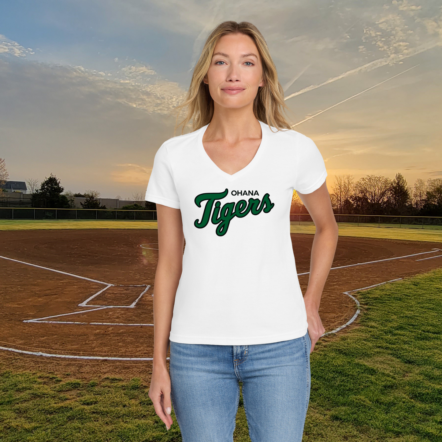 Ohana Tigers Script Sofstyle Ladies V-Neck Tee