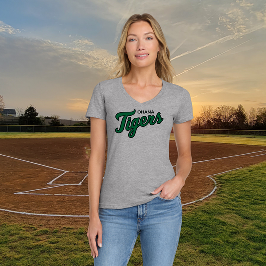 Ohana Tigers Script Sofstyle Ladies V-Neck Tee