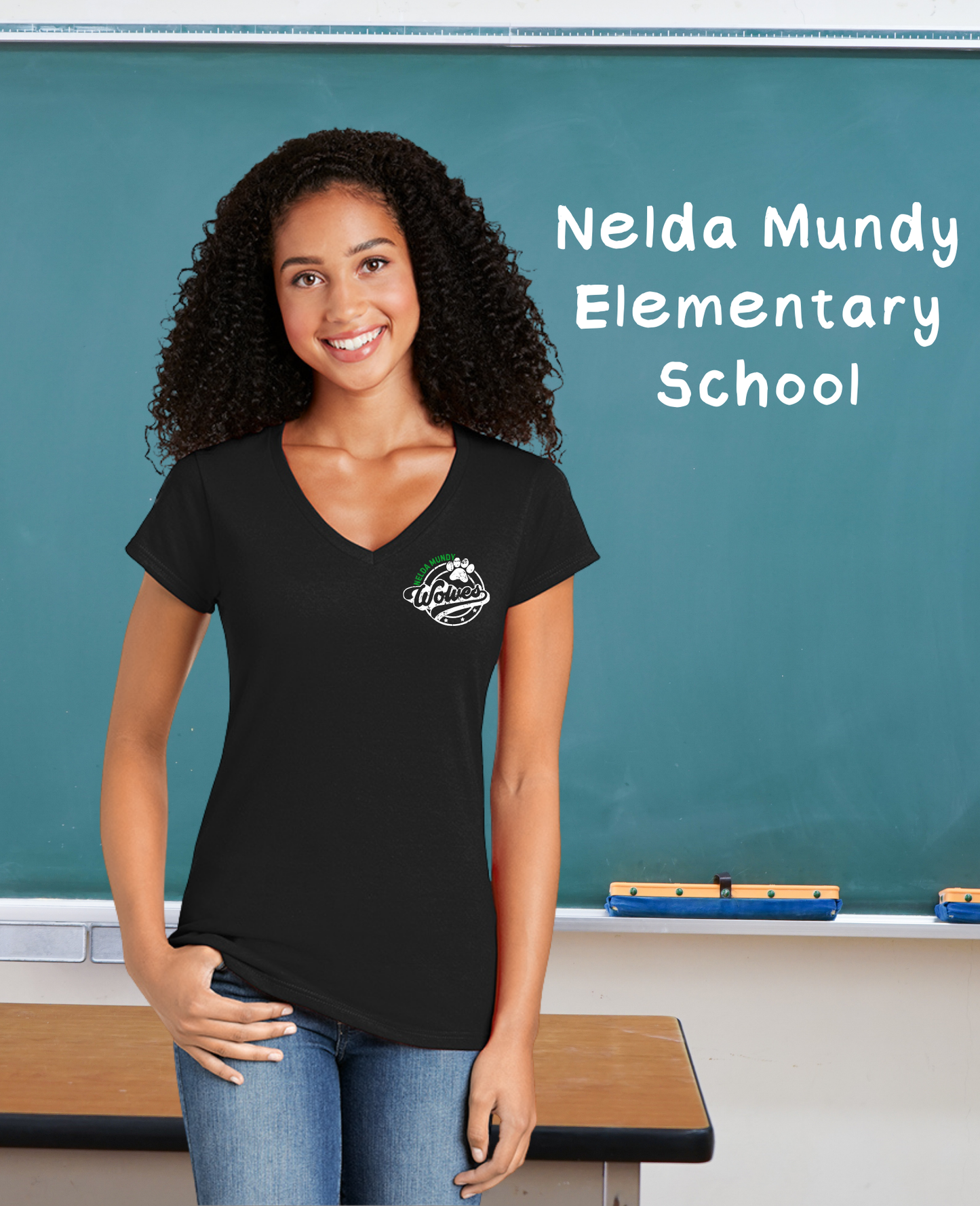 Nelda Mundy Ladies V-Neck Tee (Front Left Chest Print)